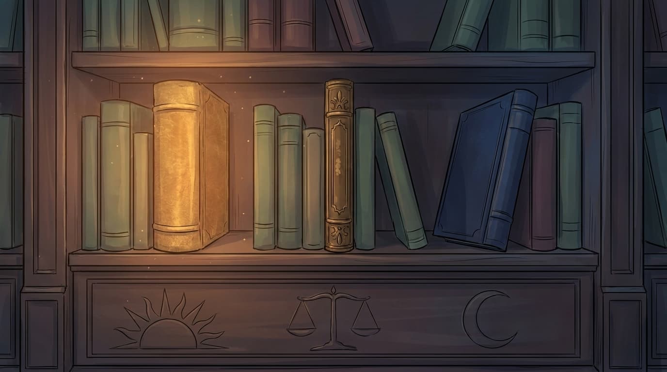 A tall bookshelf puzzle with three carved symbols at its base