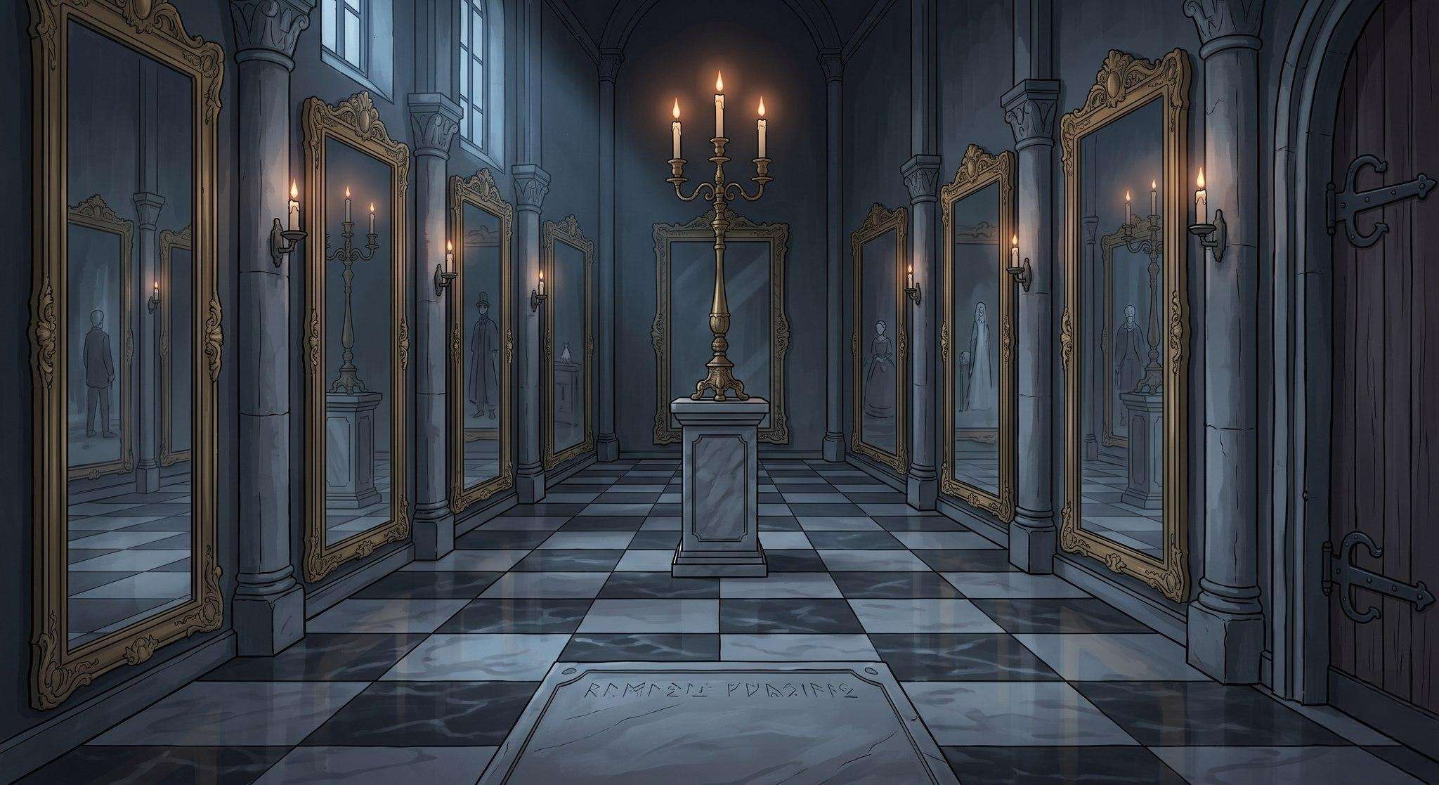 A long gothic mirror hall lit by moonlight and candle flame.