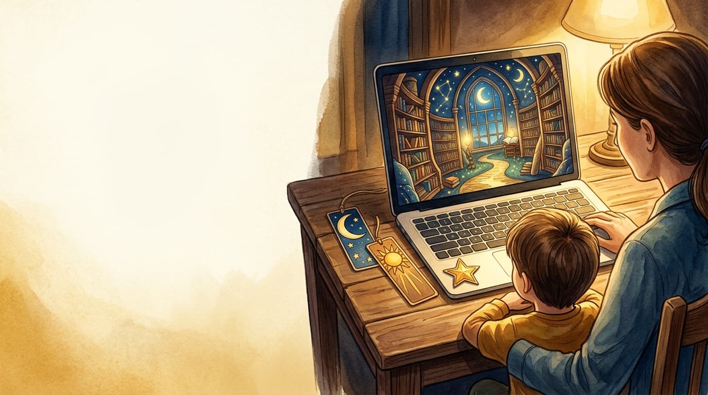 A parent and two children solving The Starlight Library together during a cozy family game night.