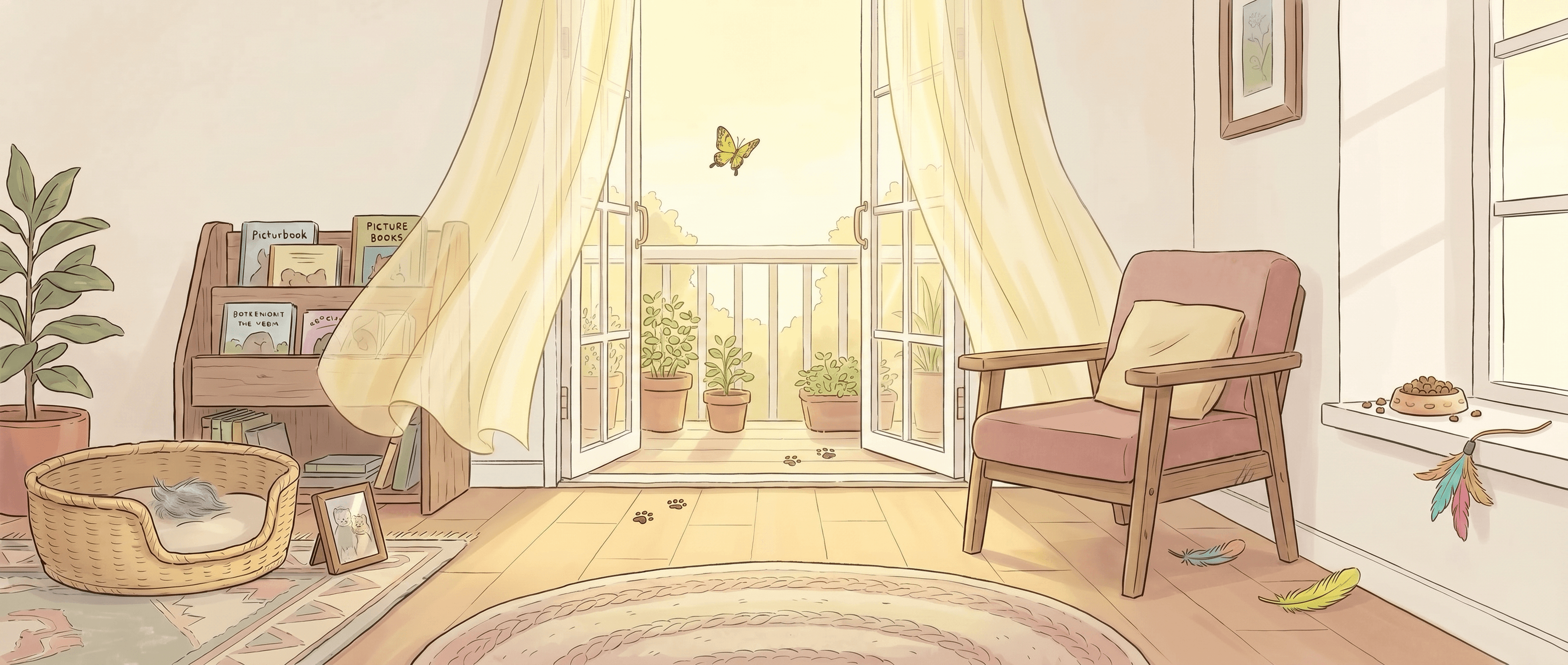 A warm illustrated living room from The Cat Who Followed a Butterfly.