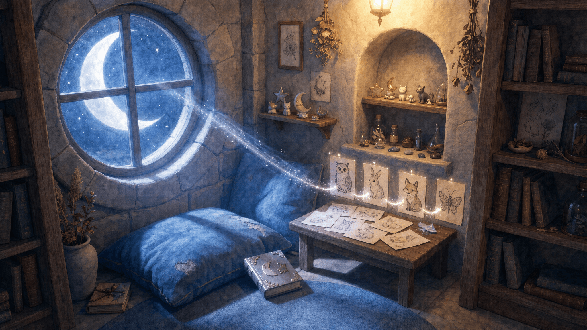 Selene's cozy moonlit library corner with drawings and soft silver light.